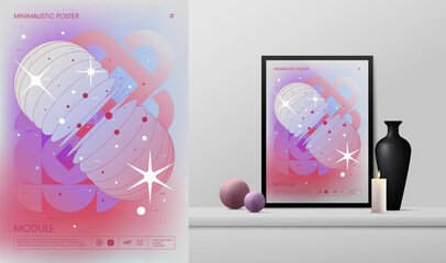 Vector gradient minimalistic rave Poster with strange wireframes graphic of geometrical shapes Y2K design inspired by brutalism and mockup in the interior, Dynamic oval with blend effect pastel color