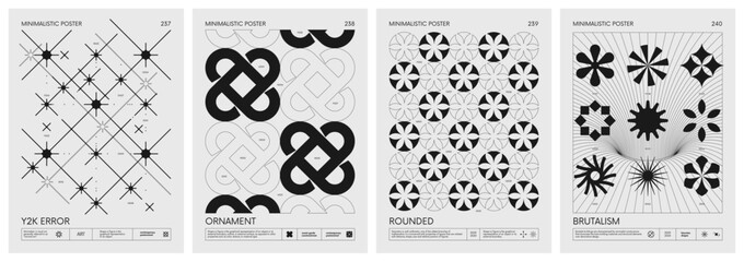 Brutalist style vector minimalistic Posters with silhouette basic figures, Retro futuristic graphic elements of geometrical shapes rave composition, Modern monochrome print artwork, set 60