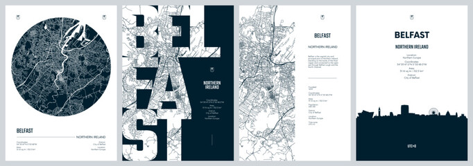 Set of travel posters with Belfast, detailed urban street plan city map, Silhouette city skyline, vector artwork