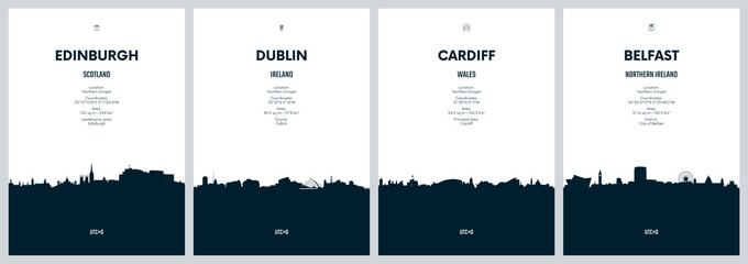 Travel vector set with city skylines Edinburgh, Dublin, Cardiff, Belfast, detailed city skylines minimalistic graphic artwork