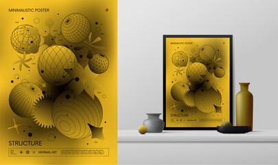 Vector gradient minimalistic rave Poster with strange wireframes graphic of geometrical shapes Y2K design inspired by brutalism and mockup in the interior, frames of spheres on a yellow background