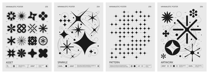 Brutalist style vector minimalistic Posters with silhouette basic figures, Retro futuristic graphic elements of geometrical shapes rave composition, Modern monochrome print artwork, set 59