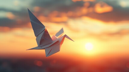 A 3D visualization of a floating origami paper bird its wings delicately poised for flight