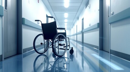 a sleek black wheelchair left unattended in the center of a brightly lit empty hospital hallway - Powered by Adobe