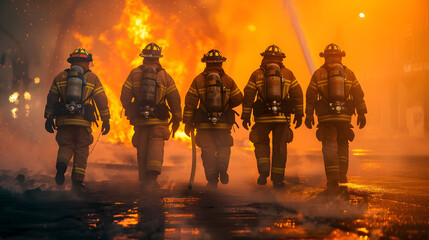 Group of firemen in full gear walking away from the camera facing an intense inferno fire