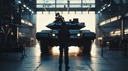 Commanding officer overseeing tank maintenance in a spacious military garage, showcasing leadership