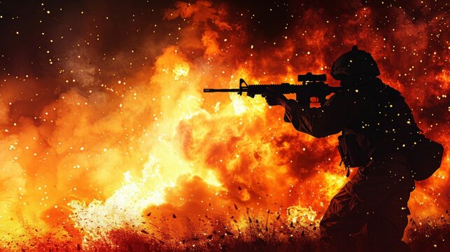 Soldier in combat gear engaging in a firefight with a blazing background, depicting intensity and action