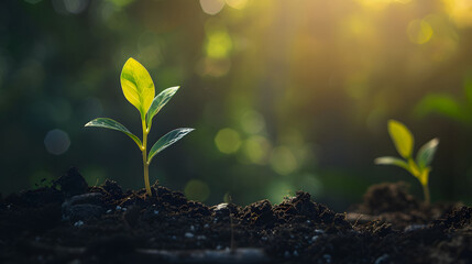 Single young plant sprouting from rich soil, with the sun shining brightly in the background symbolizing growth and new beginnings - obrazy, fototapety, plakaty
