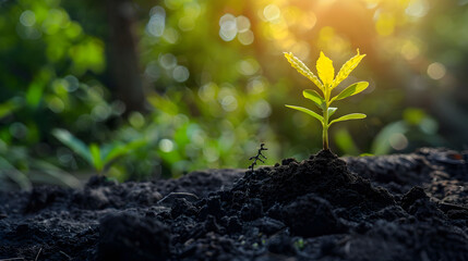 Single young plant sprouting from rich soil, with the sun shining brightly in the background symbolizing growth and new beginnings