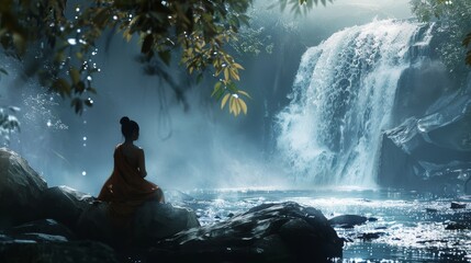 Serene woman in contemplation at a majestic waterfall in a lush forest