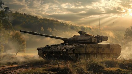Battle tank driving on a dusty road at dawn with sunbeams filtering through trees