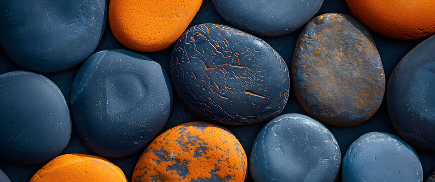 Closeup of smooth, round pebbles in various shades of blue and grey with some orange accent