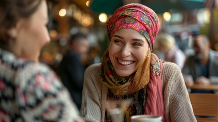 a woman with a bright headscarf, sharing a laugh with friends over coffee, the scene depicting support and love, enhancing her journey through cancer treatment