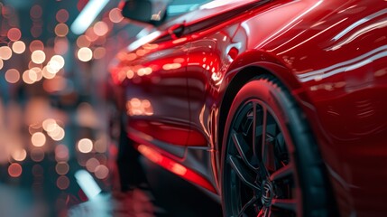 A close-up of a red luxury car's wheel and bodywork, with bright city lights creating a bokeh...