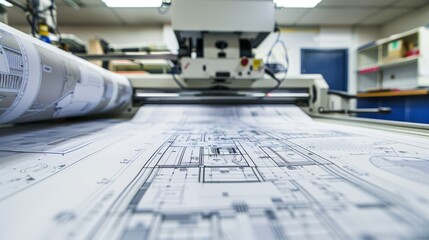 an advanced large format plotter in an industrial design office vibrant blueprints with complex diagrams being printed