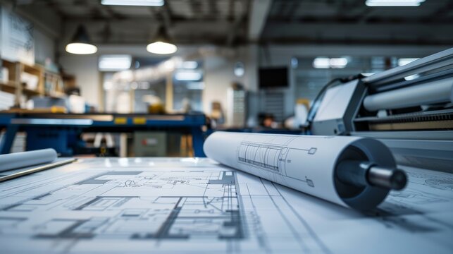 an advanced large format plotter in an industrial design office vibrant blueprints with complex diagrams being printed