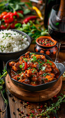 Mouth-watering Spicy Chicken Dish Served with Rice and Wine on a Rustic Background