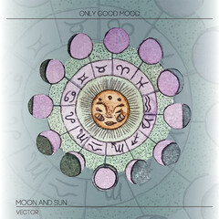 A hand-drawn illustration of astrology and zodiac signs, featuring a sun motif, ideal for printing.