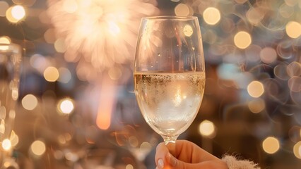 Celebrate New Year's Eve with Fireworks, Champagne Toasts, and a Lively Crowd. Concept New Year's Eve, Fireworks Display, Champagne Toasts, Lively Crowd, Celebratory Atmosphere