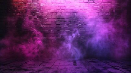Intense purple and pink smoke wafting across a dark brick wall background.