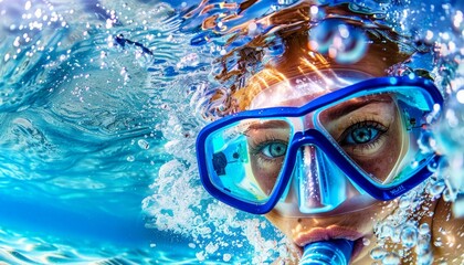 Naklejka premium Elderly person snorkeling with a mask in the tranquil waters of a secluded tropical island