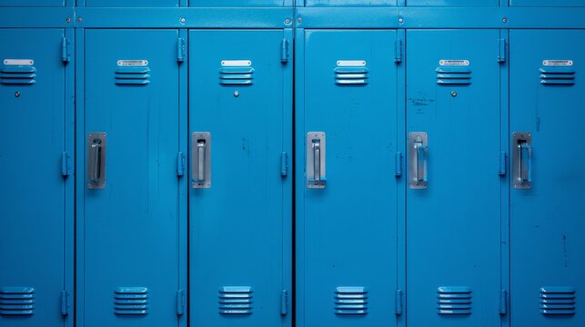 a row of vibrant blue school lockers surface reflecting soft white fluorescent lighting