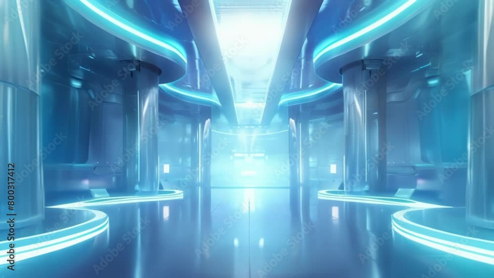Poster a futuristic stage design with sleek silver structures and holographic projections creating a highte