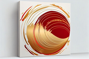 Modern poster with minimalist design elements. Red and golden shapes in Boho style. Wall art, home deco. Clear moden room with drawing placard template.
