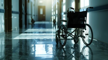 an empty black wheelchair situated in a sunlit hospital corridor