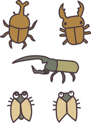 夏をイメージした、カブトムシやクワガタ、蝉などの虫のデフォルメイラストセット