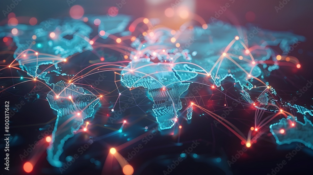 Poster glowing global 5g network connecting continents in digital visualization