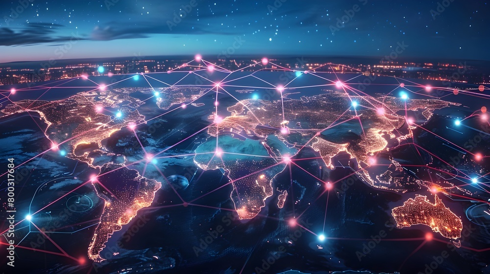 Poster illustrative global 5g network connecting continents through glowing lines and nodes on world map