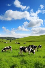 Herd of dairy cows grazing peacefully in a field, distant rolling hills, serene rural setting perfect for showcasing farm operations