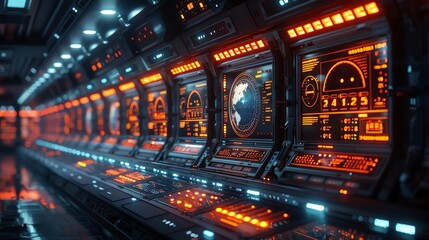 A futuristic spaceship control room. The room is filled with advanced technology and the crew is working hard to keep the ship running smoothly.