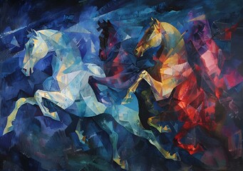 the image shows an artistic painting of horses with blue and purple colors