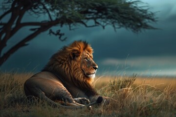 Side view of a Lion walking, looking at the camera, Panthera Leo, A lioness, Panthera leo, sitting on top of a mound, on Savannah, Single lion looking regal standing proudly on a small hill. 	