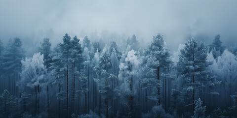 In a tranquil forest scene, frost-covered trees emerge through a gentle morning mist, invoking a serene wintry stillness.
