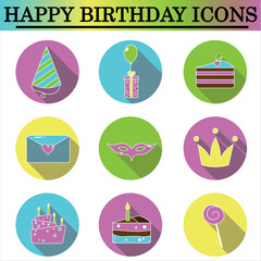 Set of birthday flat icons with shadow on the white background. Celebration icons. Isolated vector.