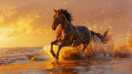 Beautiful brown horse galloping along the shore of the sea on a summer evening. Stallion with long mane jumping on background of ocean. 
