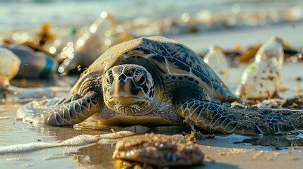 A sea turtle crawls along a polluted beach to the water. Sea turtle on the sandy beach moving towards the ocean after spawn. The concept of nature protection.