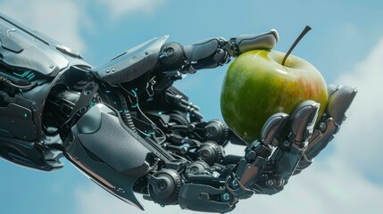 Closeup of real robot's hand with green apple on blue sky background. Concept of Artificial intelligence development and robotic process automation.