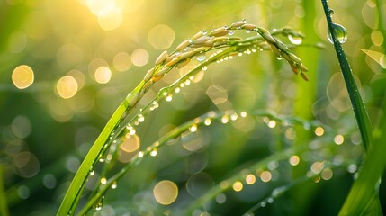 Fototapeta premium Close-up of Dew-Kissed Rice Stalks in Vibrant Hues