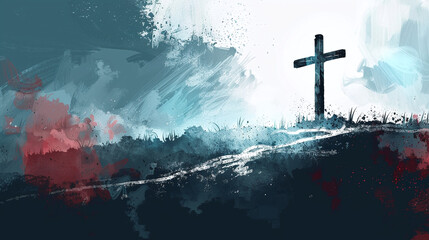 oil painting style illustration of a christian cross on the top of a hill, faith in jesus, space for text, blue color palette