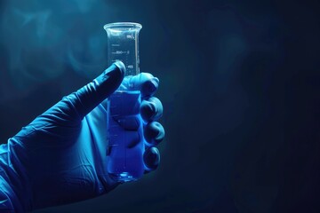 hand of scientist with test tube and flask in medical chemistry lab blue banner background