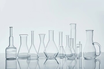 Laboratory glassware with reflections on white background