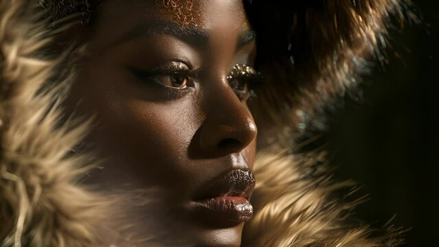 A regal black woman gazes into the distance dd in luxurious furs and jewels evoking the glamour and poise of vintage Hollywood icons while also reclaiming and celebrating her own unique .