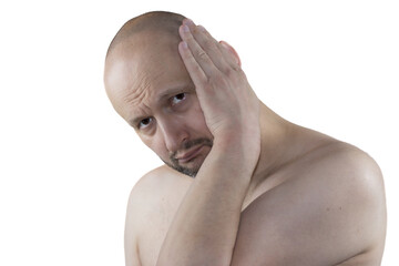 Portrait of a Shirtless Man on a White Background, Hand on Cheek, Suffering from Toothache