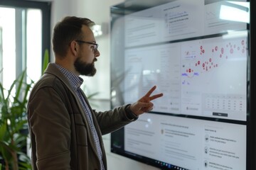 App demo man in his 30s in front of a interactive digital board with a fully grey screen