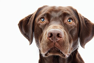 Fototapeta premium Chocolate Labrador portrait with quirky expression on white background.