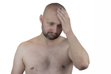 Portrait of a Shirtless Man on a White Background, Hand on Forehead, Suffering from Headache Caused by Fibromyalgia